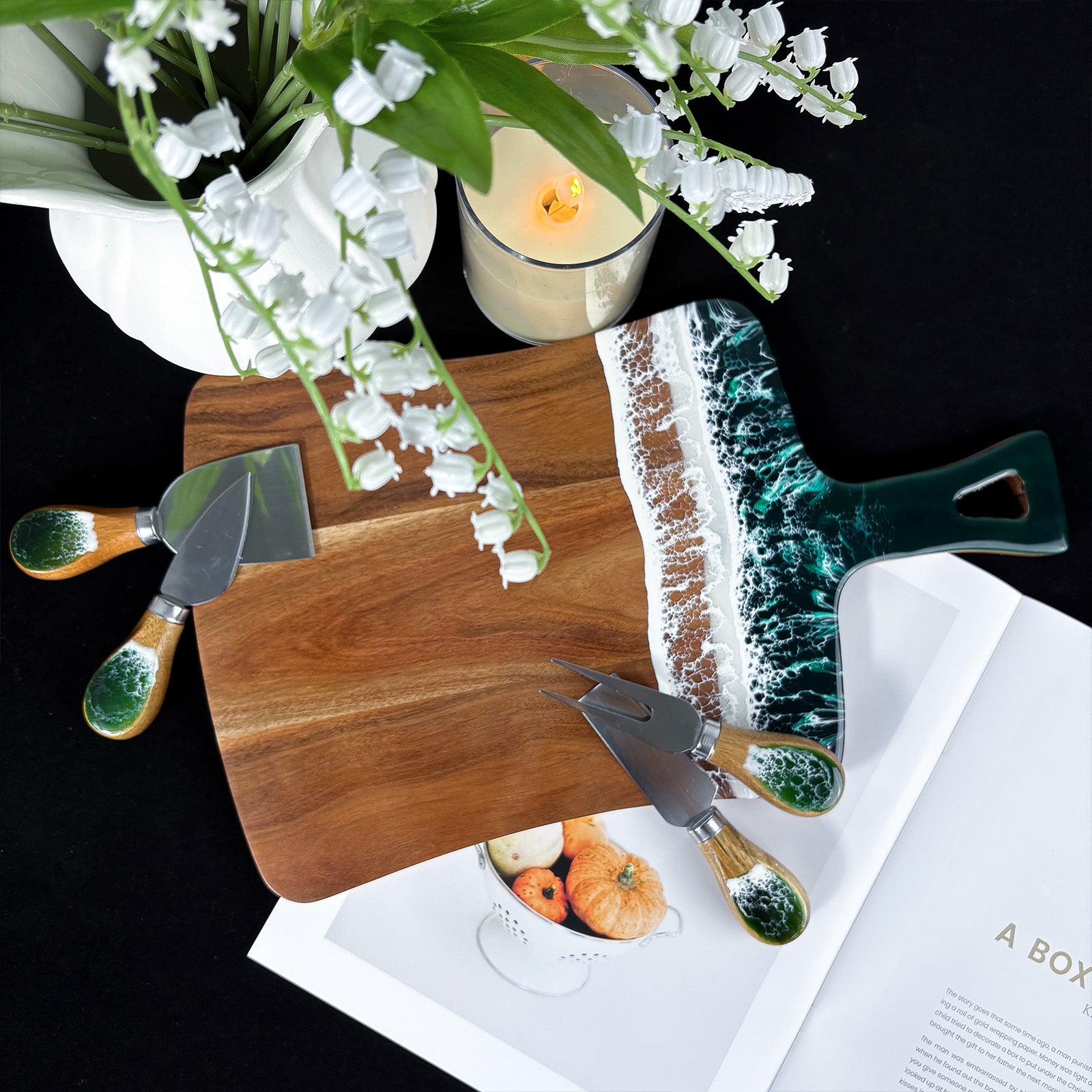 Charcuterie Boards with 4 Resin Cheese Knives, Wood Resin Cheese Platter Fruit Tray