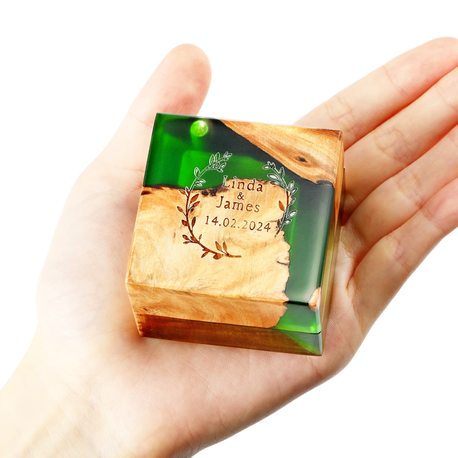 Ocean green personalized wood resin ring box