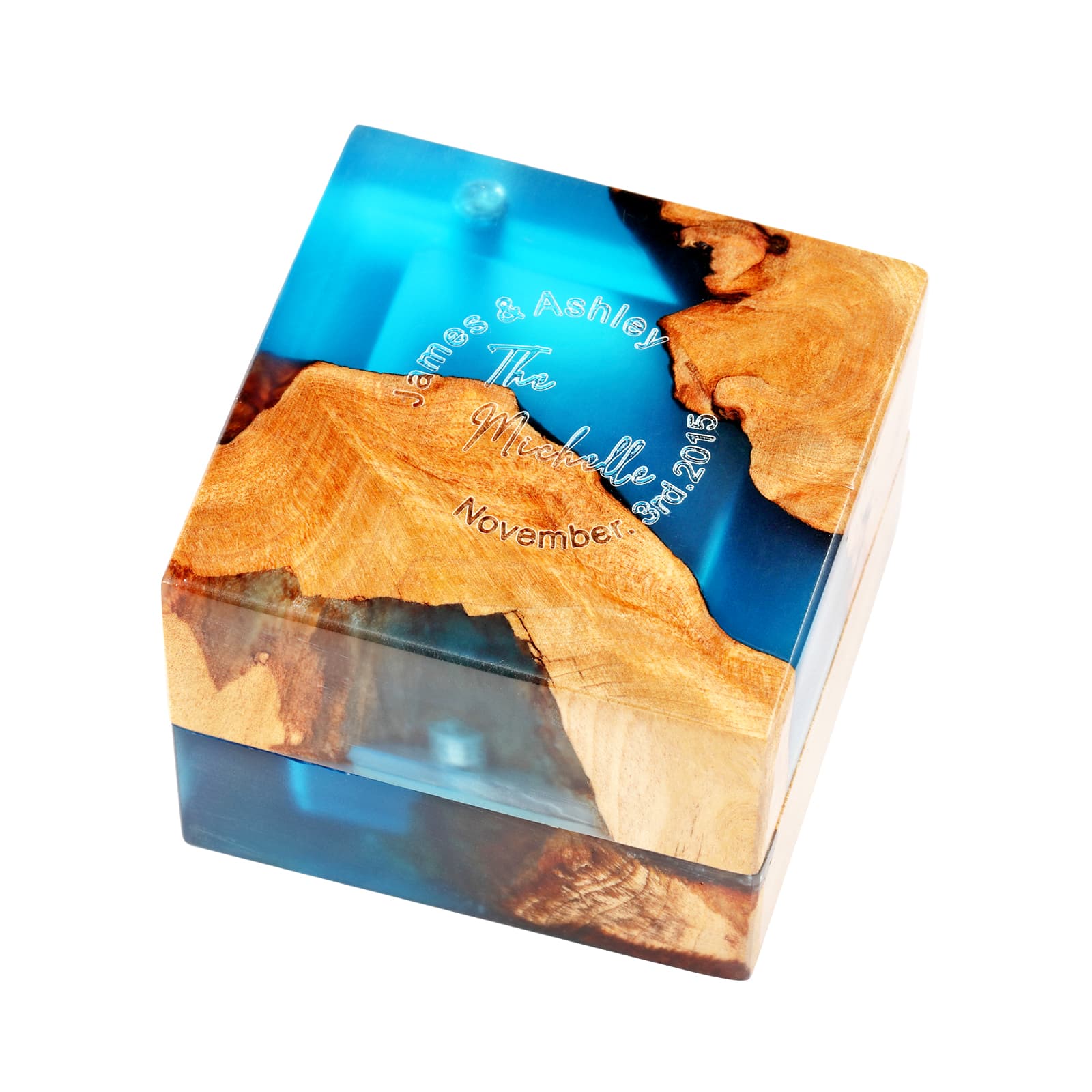 Personalized ocean blue wood resin ring box