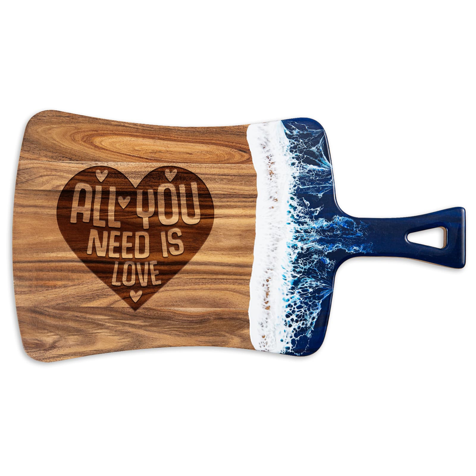 Blue fan-shaped acacia wood and ocean resin cutting board with "All You Need is Love" heart engraving
