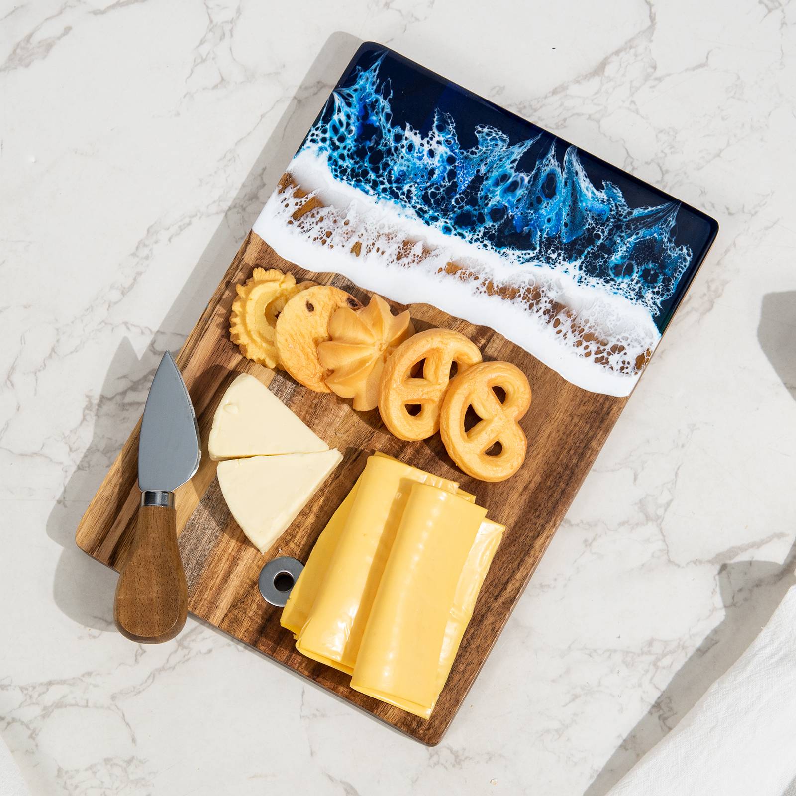 Small Resin Bar Cutting Board, 9.6" x 6.7" Kitchen Food Prep Serving Board Cheese Board, Acacia Wood and Resin Charcuterie Board, Reversible Cutting Board for Meat, Cheese, Bread, Vegetables, Fruits