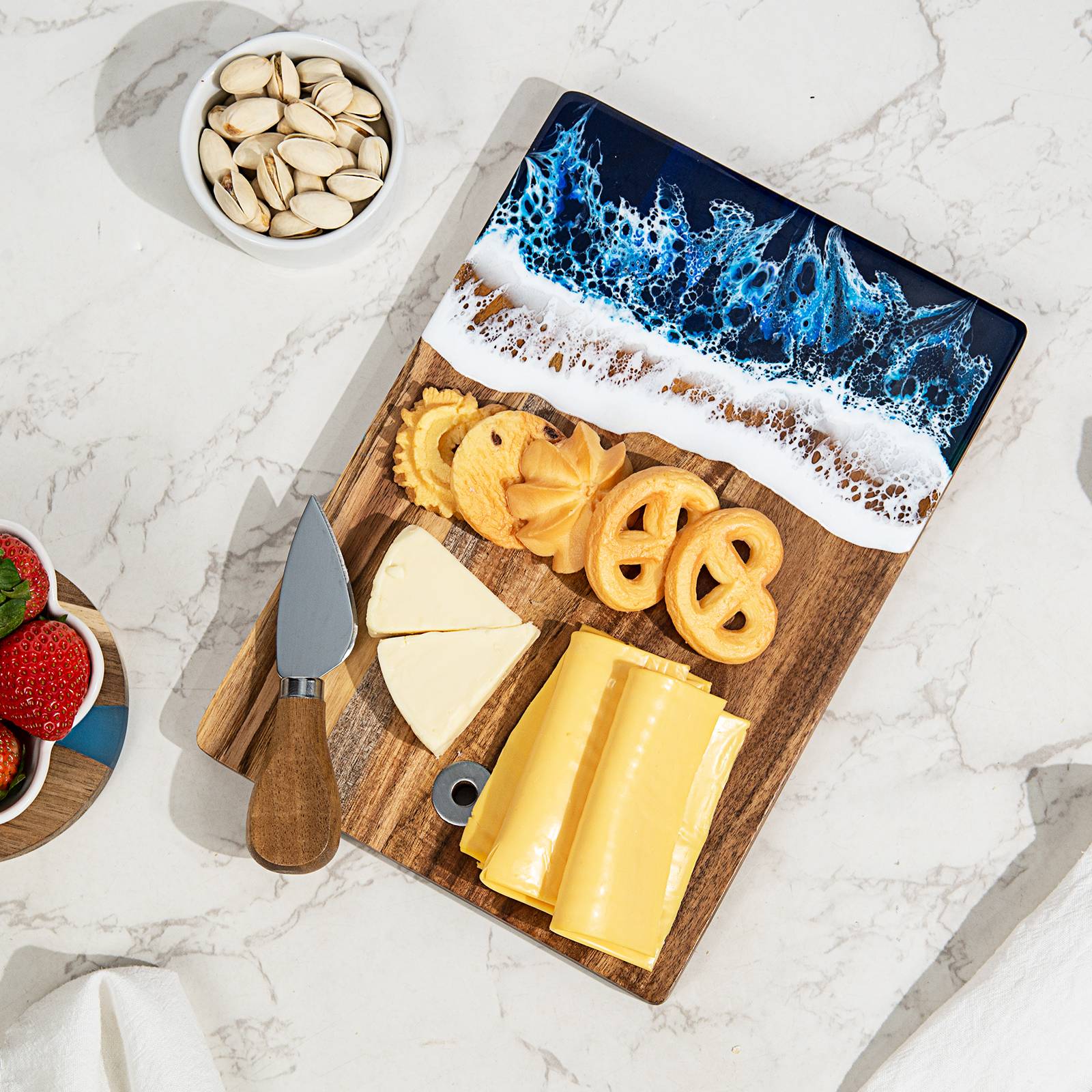 Small Resin Bar Cutting Board, 9.6" x 6.7" Kitchen Food Prep Serving Board Cheese Board, Acacia Wood and Resin Charcuterie Board, Reversible Cutting Board for Meat, Cheese, Bread, Vegetables, Fruits