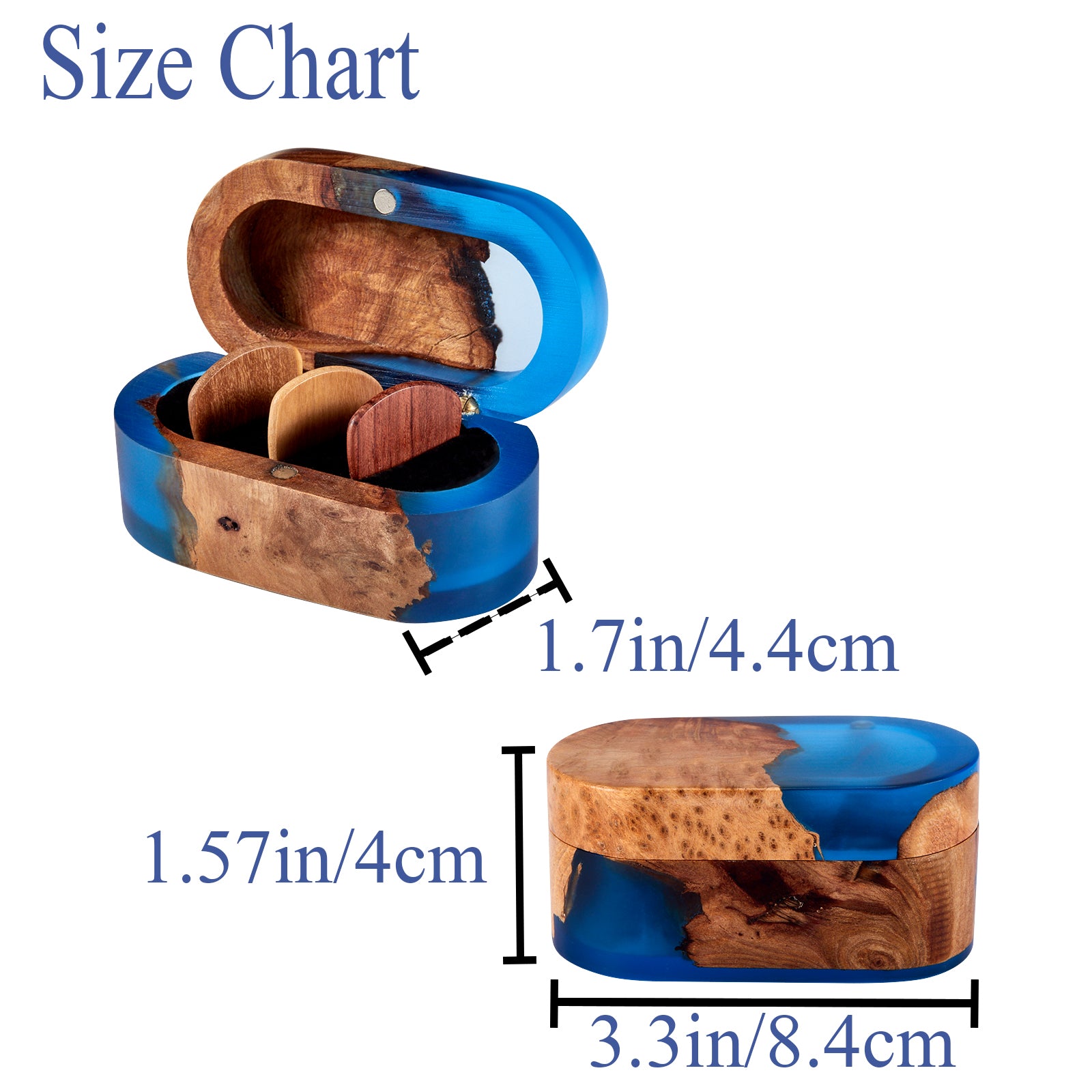 wood and resin guitar pick box size chart