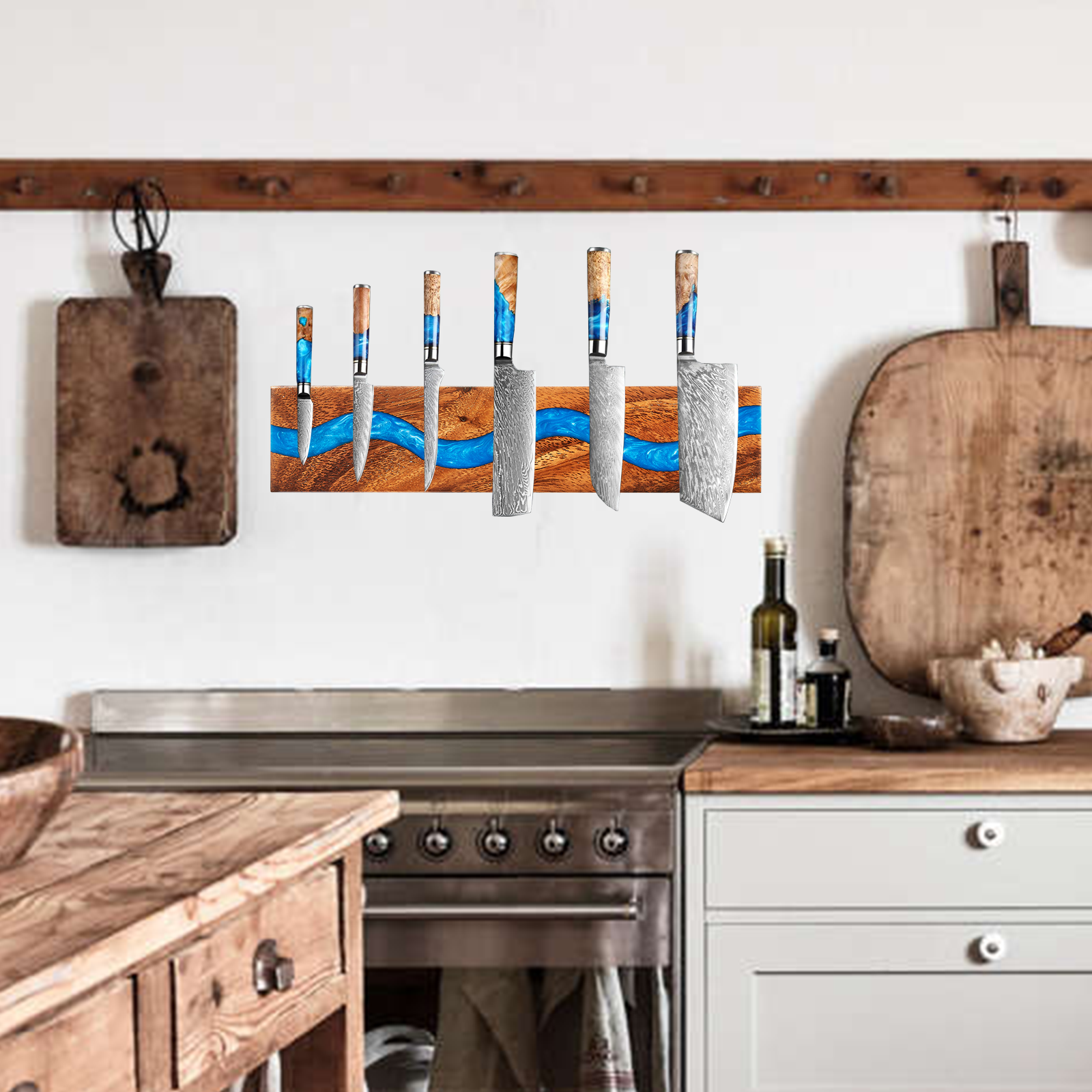 Wood and resin magnetic knife holder 30cm wall mount kitchen storage decor