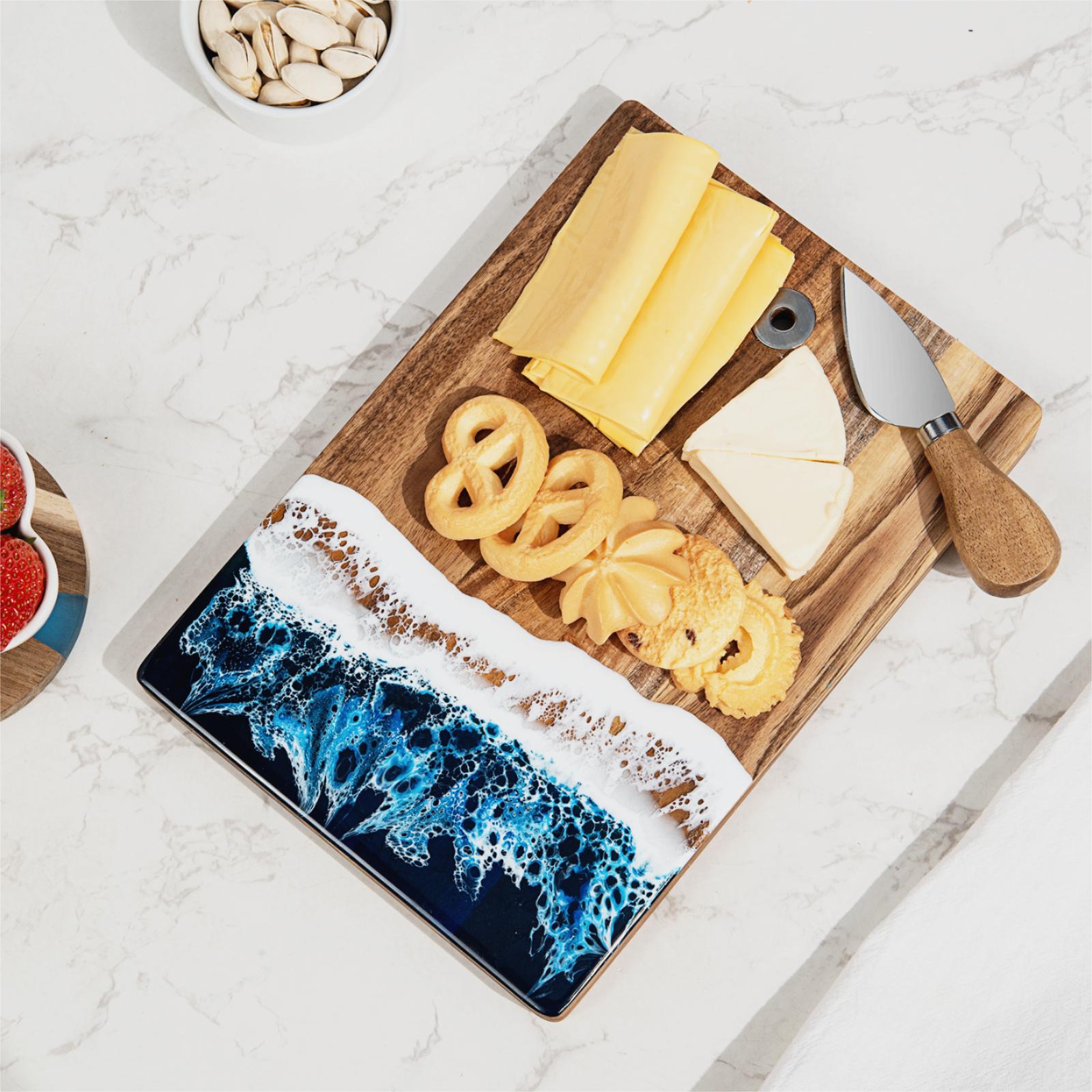 Reversible resin charcuterie board used for cheese and meat serving