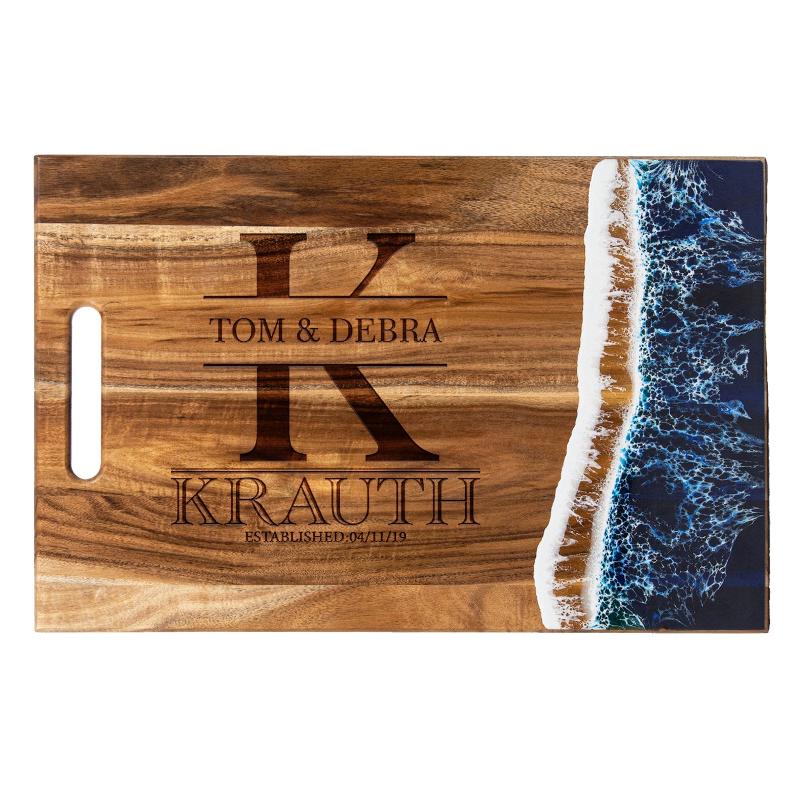 Blue large acacia wood and resin cutting board with family-name engraving and handle cutout
