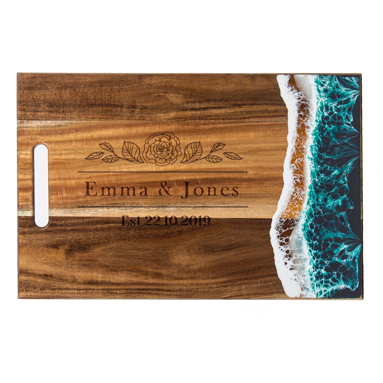 Green ocean resin large rectangular cutting board with floral personalized engraving