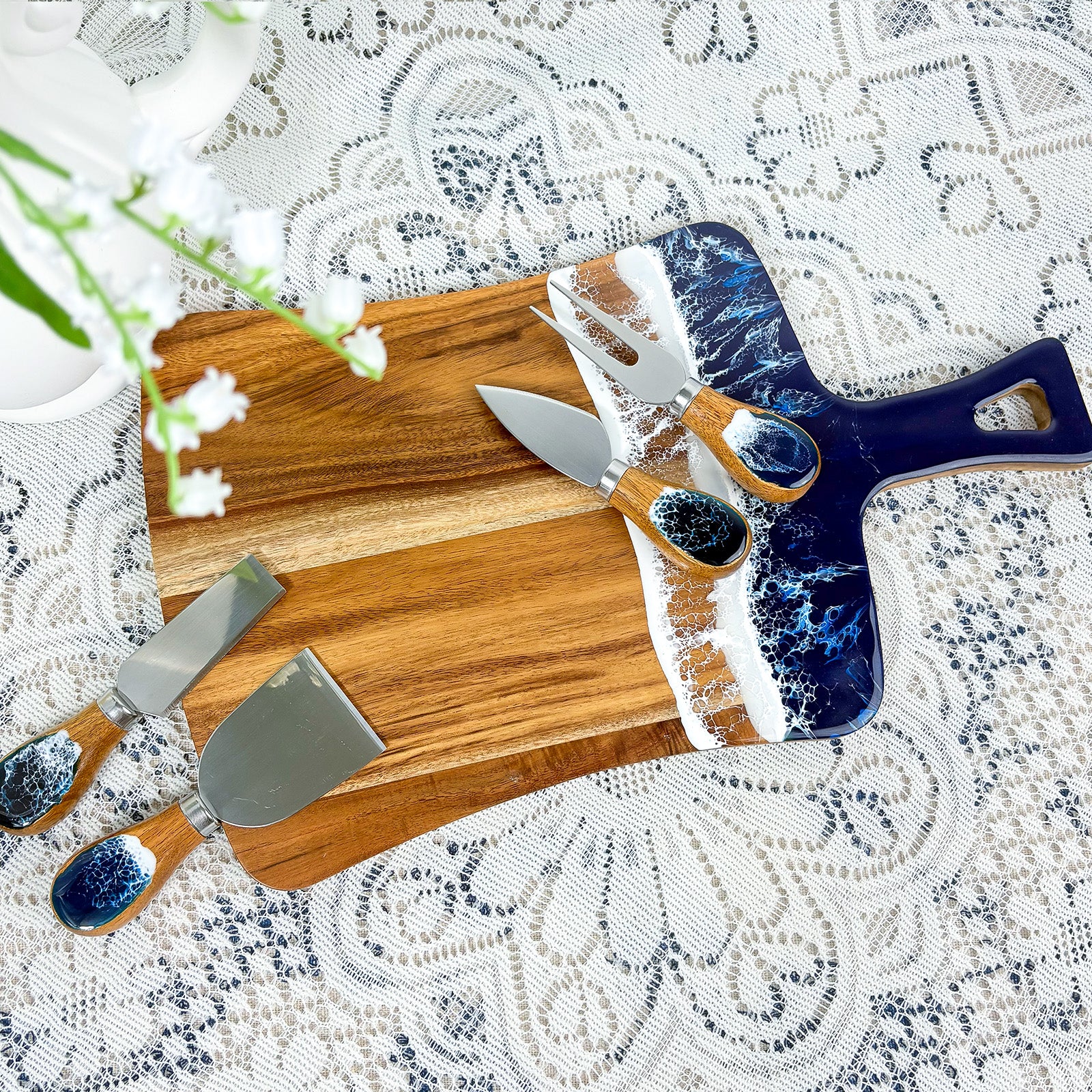 Wood resin charcuterie board with 4 epoxy resin cheese knives fruit tray set