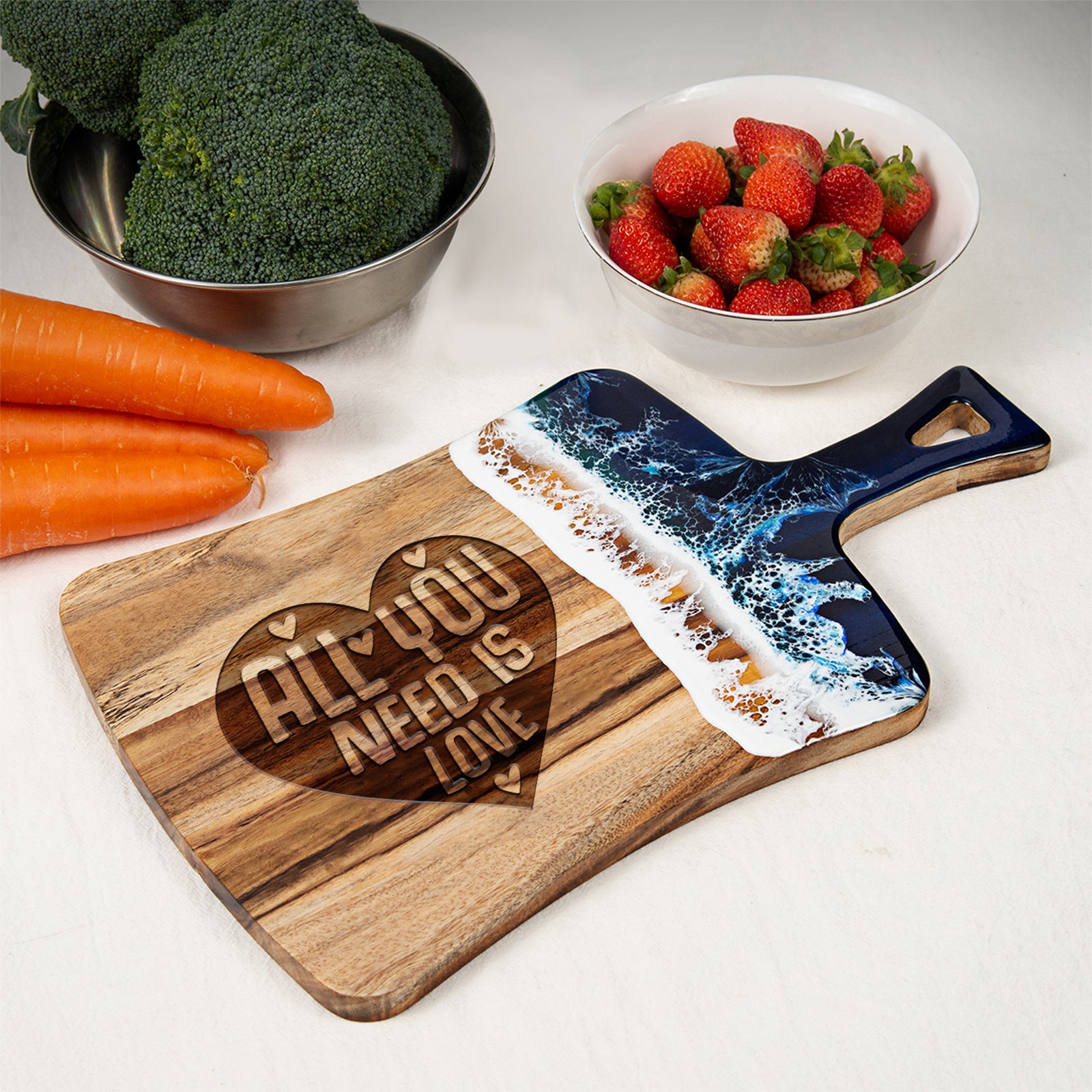 resin cutting board with engraved logo all you need is love