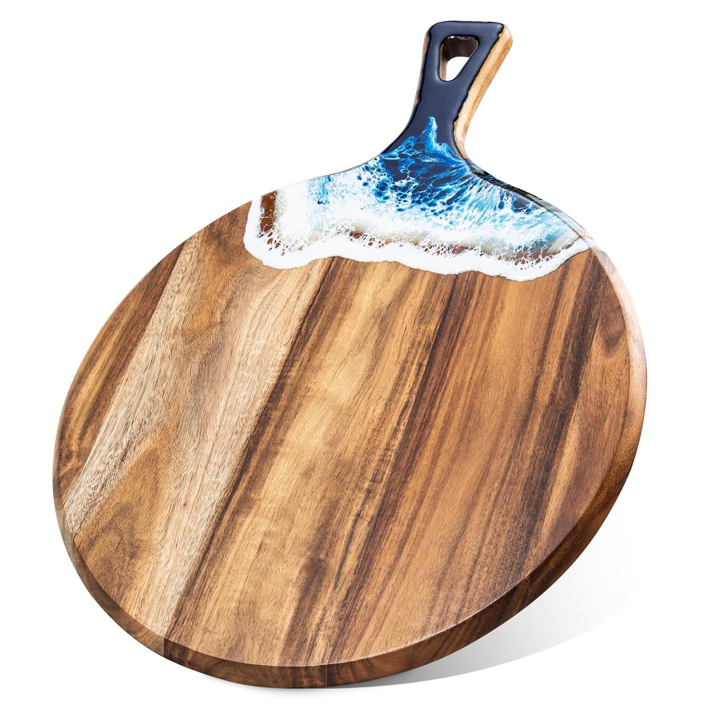 Acacia Wood and Resin Cutting Board with Handle Wooden Round Paddle Cutting Board for Meat Bread Serving Board Charcuterie Boards Pizza Paddle Housewarming Gift