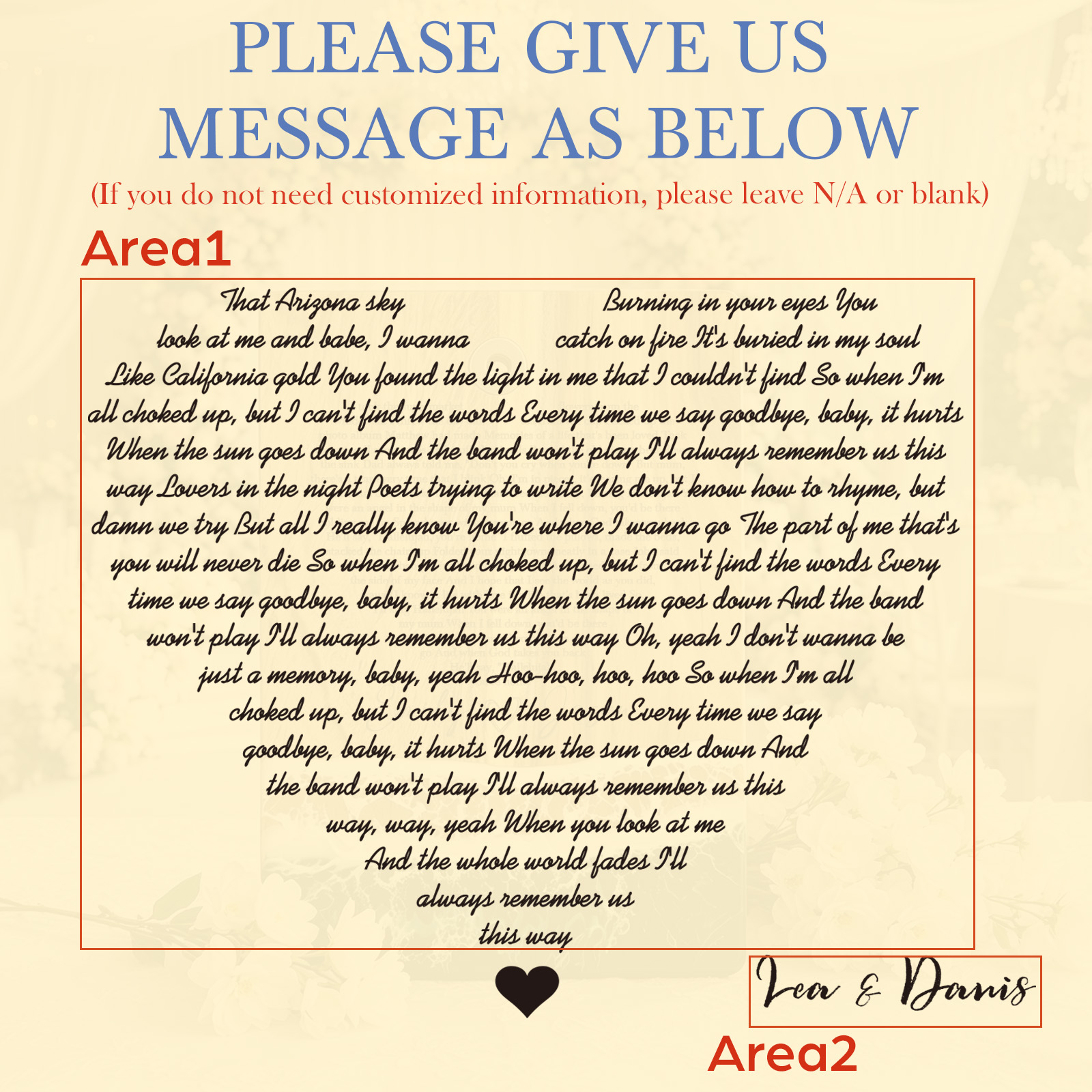 Design 2 field guide for a script-style heart message with one combined couple-name line