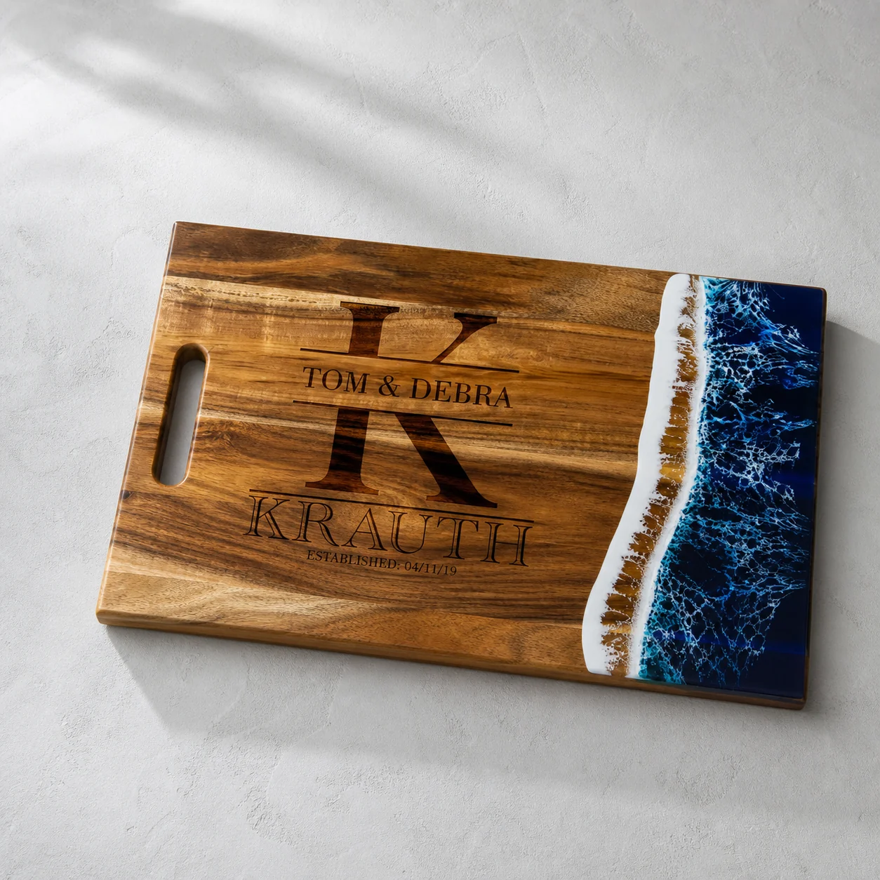 Personalized large wood and blue resin cutting board