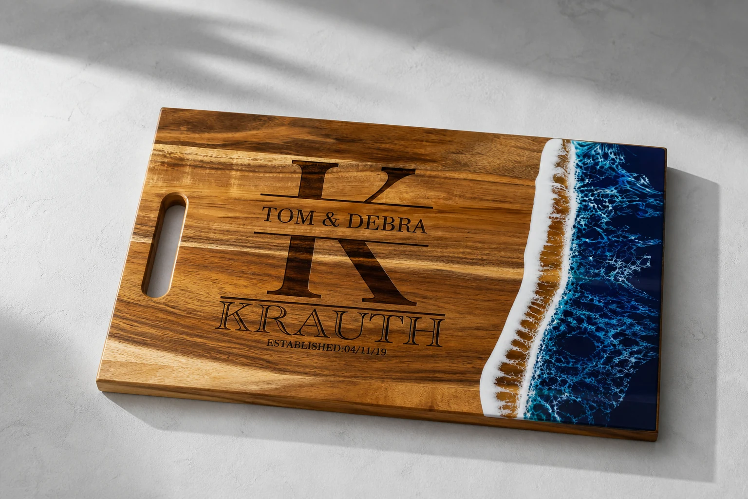 Personalized GOGOJSM wood and blue resin board prepared as a gift