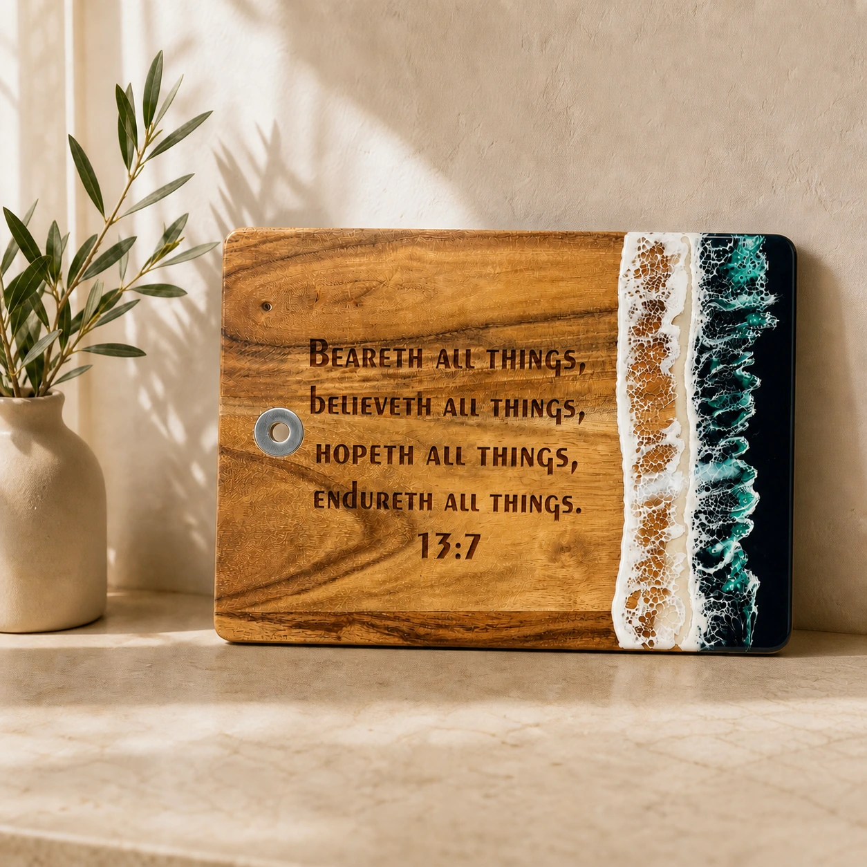 Personalized Bible verse wood resin cutting board displayed on a warm kitchen countertop