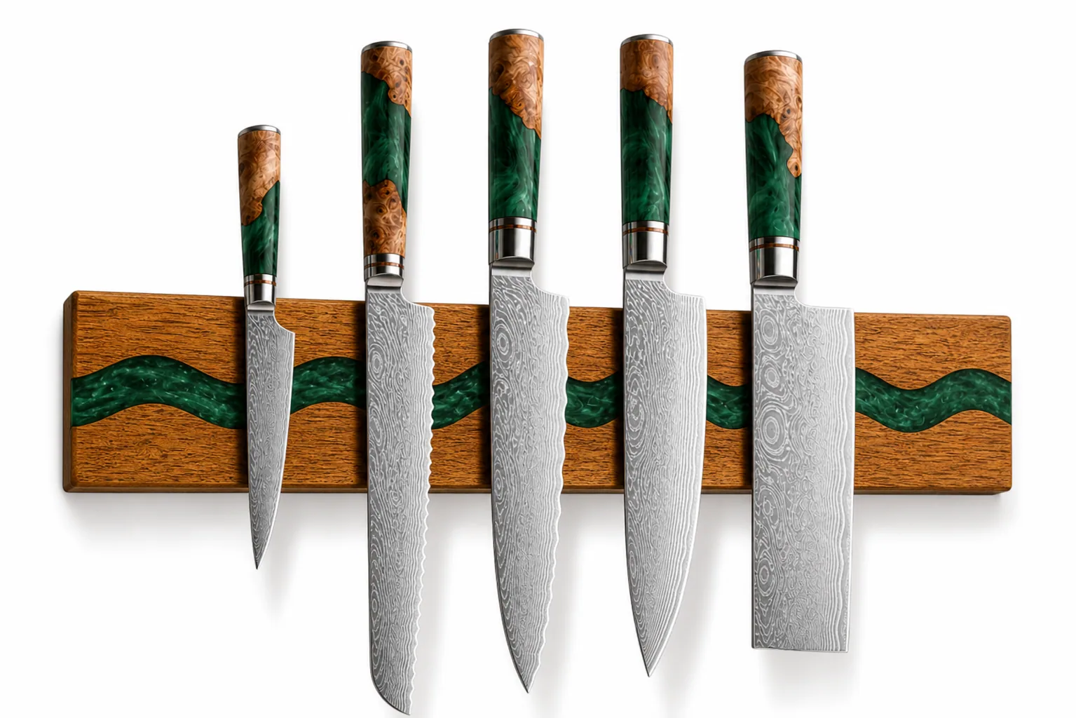 15.7 inch deep green resin and walnut magnetic knife holder for wall mounting
