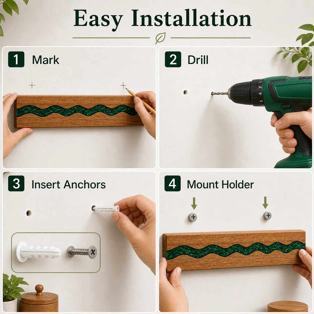 Four step installation guide for the wall mounted magnetic knife holder