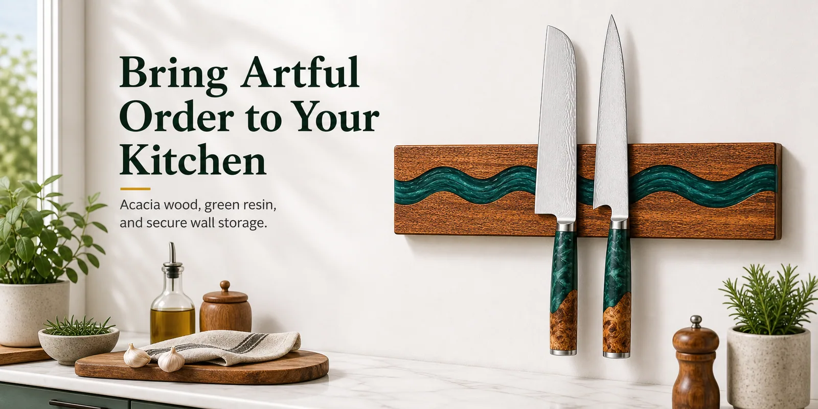 Deep green walnut magnetic knife holder installed in a bright kitchen