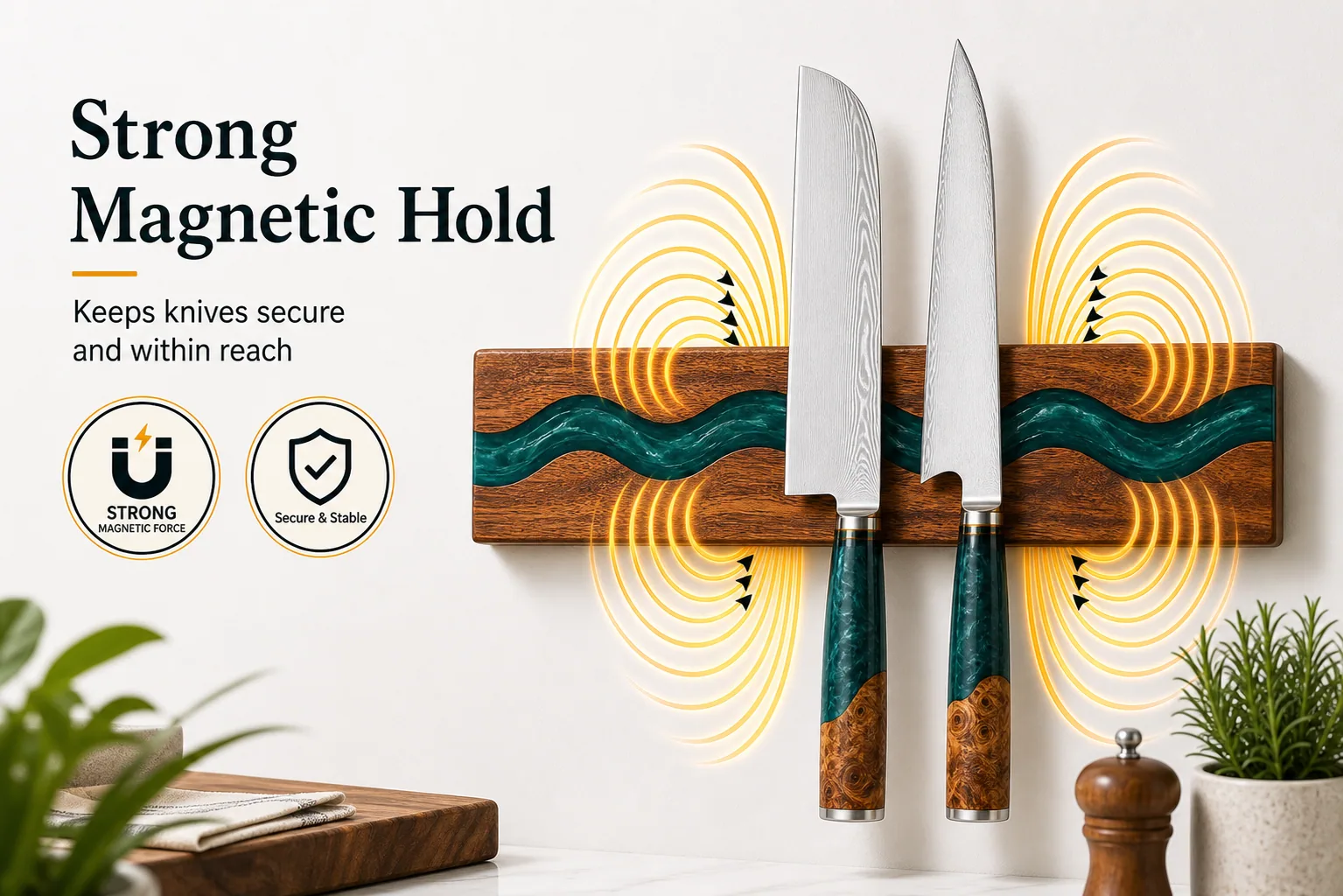Deep green walnut magnetic knife holder demonstrating its magnetic hold