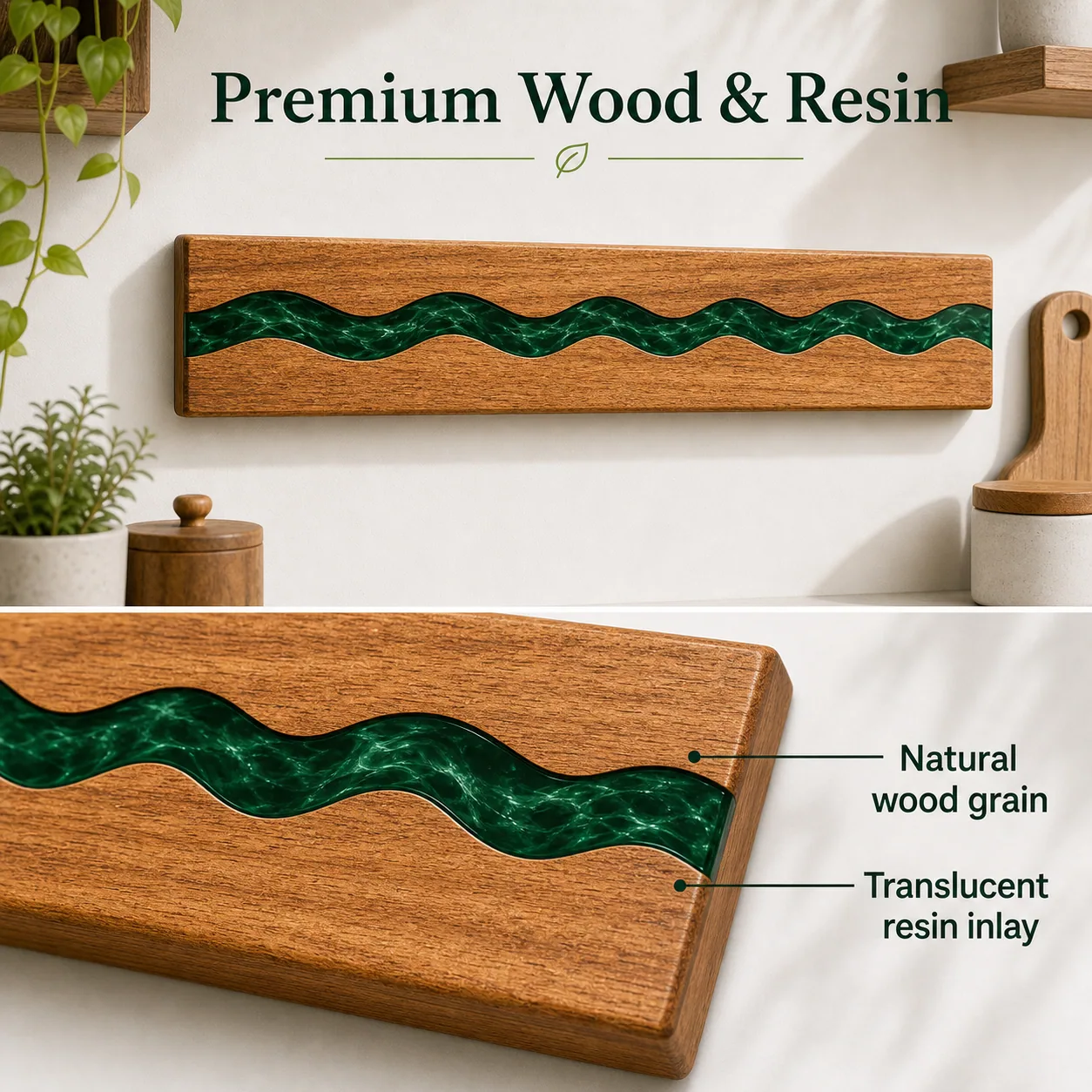 Close view of walnut grain and translucent deep green resin on the magnetic knife holder
