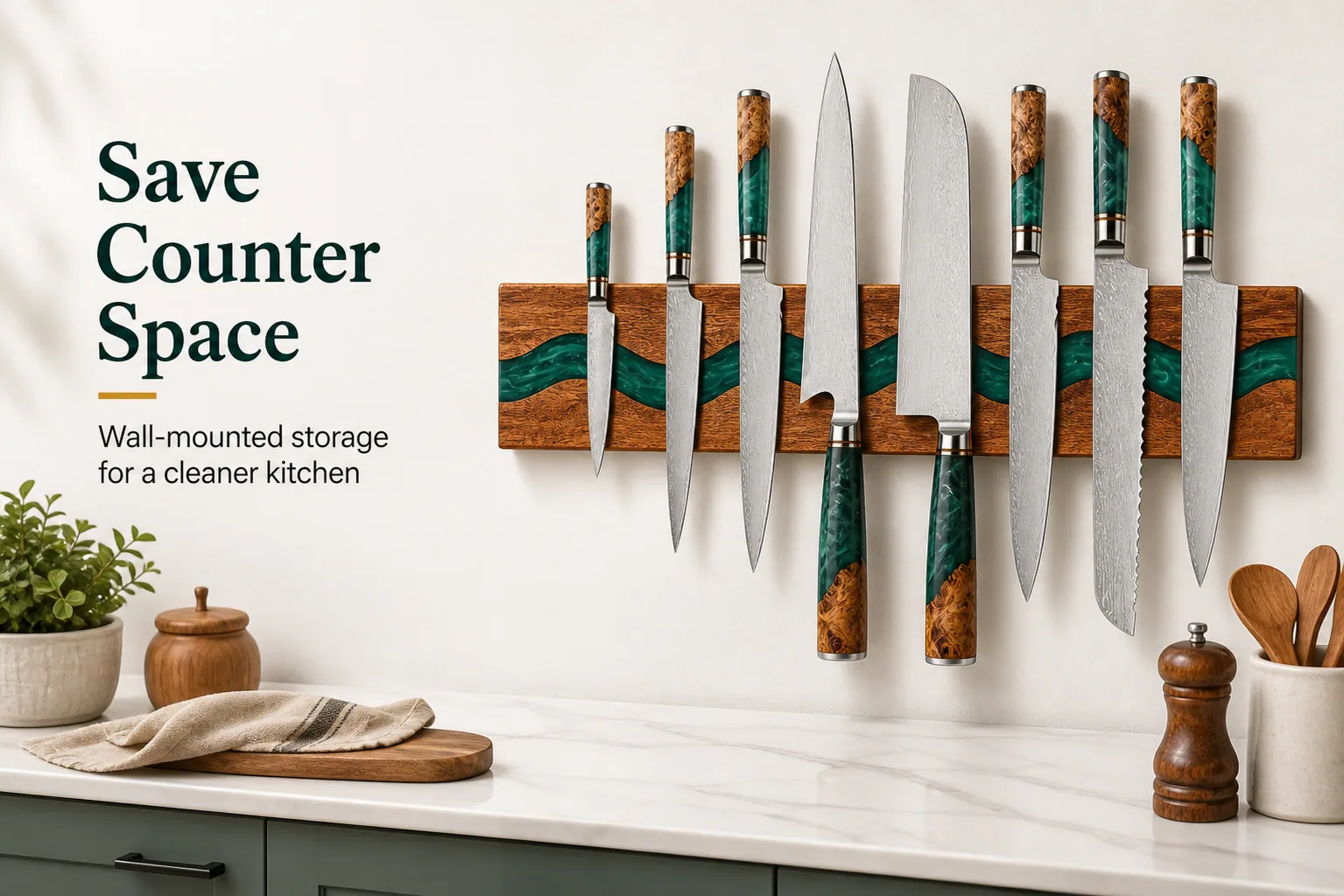 Deep green wall mounted magnetic knife holder freeing kitchen counter space