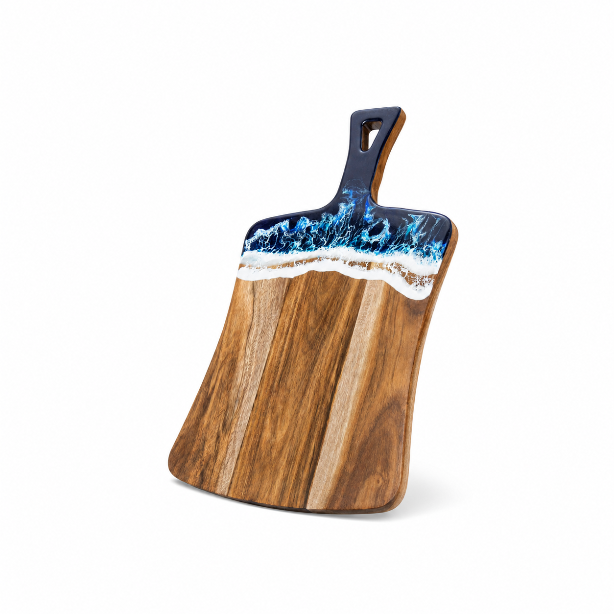 Blue ocean resin acacia wood serving board with handle on a clean white background