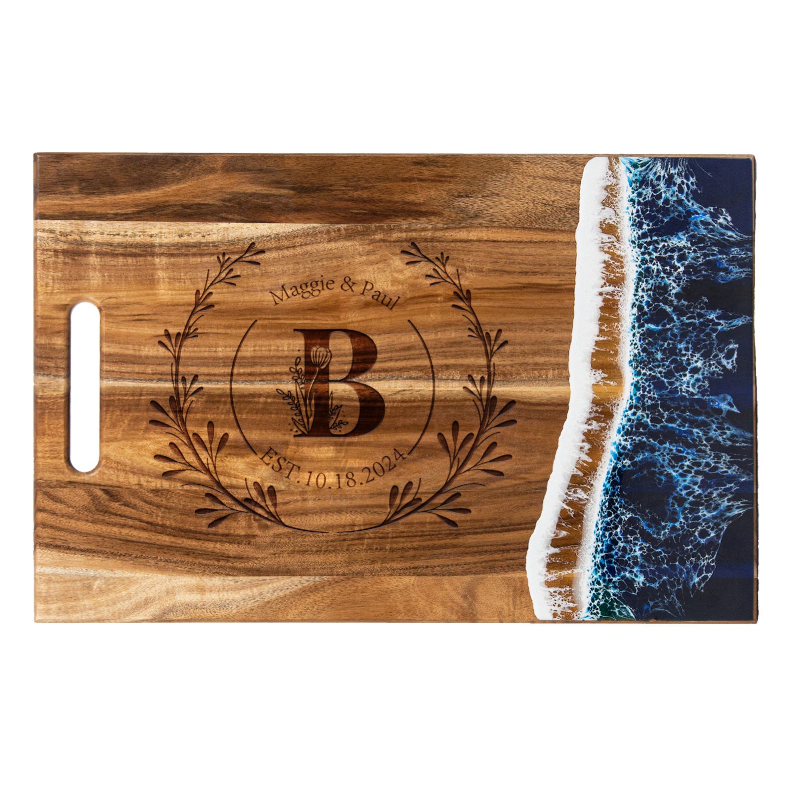 Blue large wood and resin serving board with monogram wreath engraving