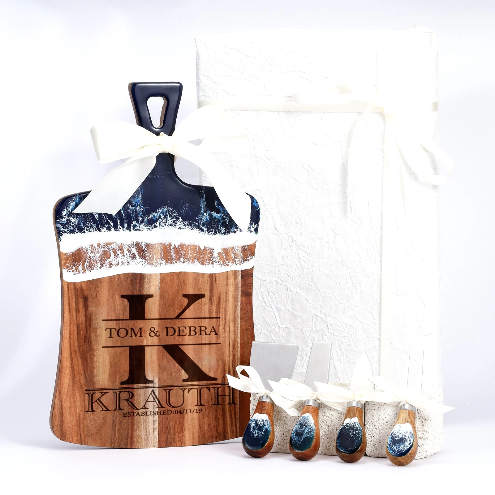 Engraved fan resin cutting board displayed as a wedding anniversary gift