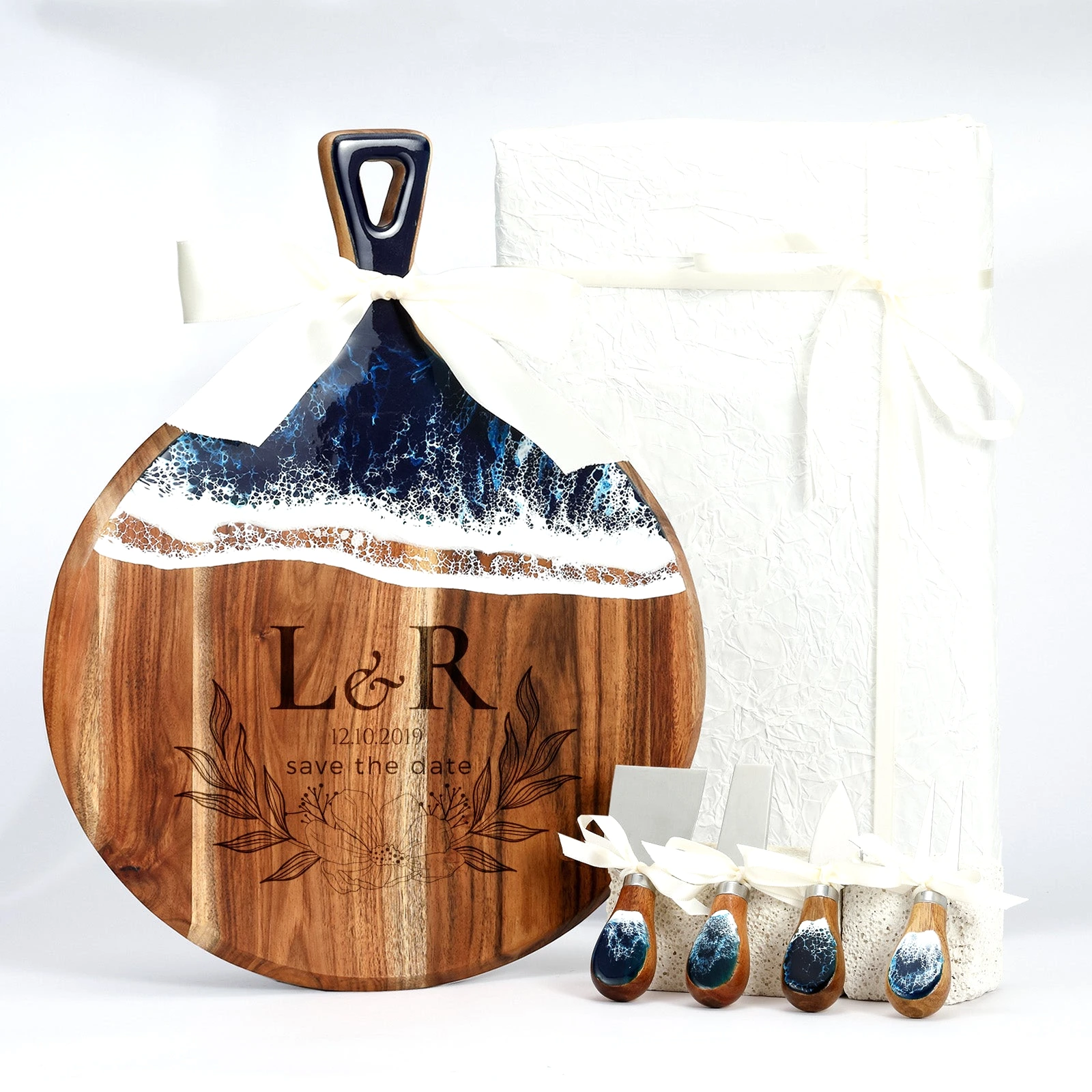 Personalized resin round cutting board as a housewarming wedding gift